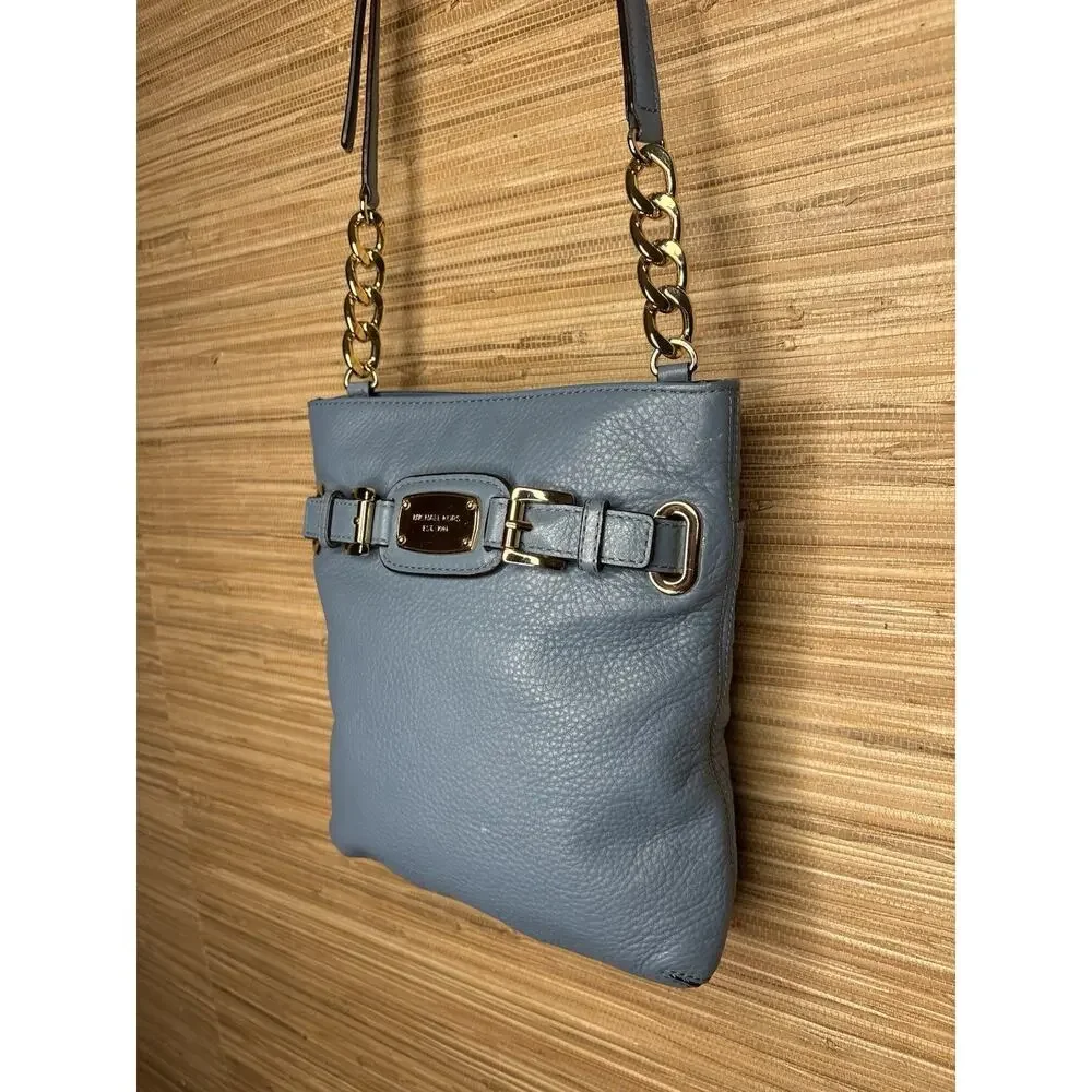Michael Kors Hamilton Pebbled Leather Crossbody Bag Blue 11” x 10”